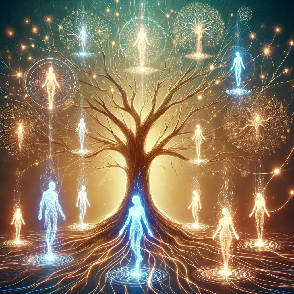 Symbolbild des Ahnenbaums mit energetischen Verbindungslinien – eine visuelle Darstellung spiritueller Verbundenheit über Generationen hinweg