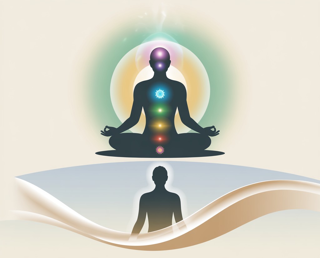 Eine meditierende Figur im Schneidersitz zeigt sieben leuchtende Energiepunkte am Körper – die Chakren. Um sie herum strahlen farbige Lichtkreise. Unten im Bild sieht man eine zweite, hellere Silhouette, umgeben von weichen Wellen. Das Bild symbolisiert die Wirkung der Klangheilung und die Rückverbindung mit dem inneren Selbst – ein zentrales Thema im Onlinekurs „Ganz sein“ von Andreas Goldemann.
