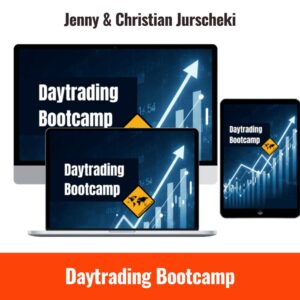 Daytrading Bootcamp Onlinekurs von Jenny & Christian Jurscheki – gezeigt auf Laptop, Tablet und Desktop mit wachsendem Börsenchart im Hintergrund. Lernkurs zum Traden lernen für Einsteiger. Digital, ortsunabhängig, auf allen Geräten nutzbar