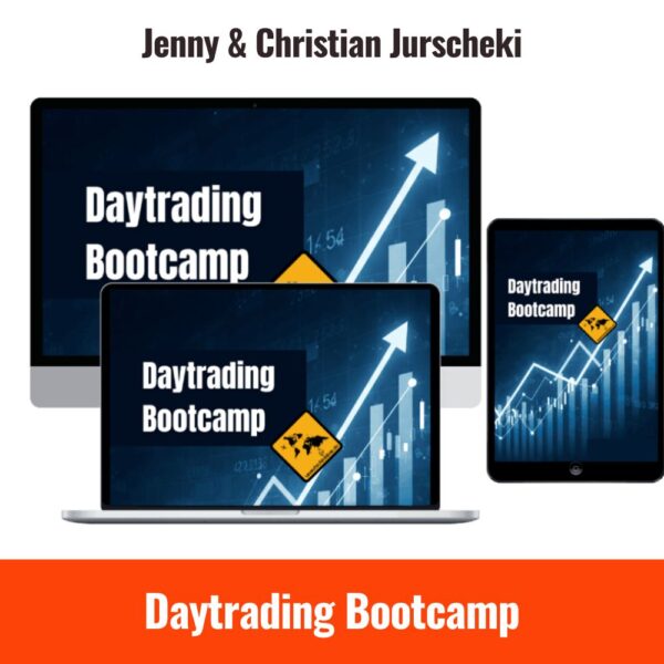 Daytrading Bootcamp Onlinekurs von Jenny & Christian Jurscheki – gezeigt auf Laptop, Tablet und Desktop mit wachsendem Börsenchart im Hintergrund. Lernkurs zum Traden lernen für Einsteiger. Digital, ortsunabhängig, auf allen Geräten nutzbar