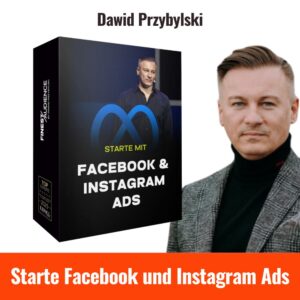 Dawid Przybylski präsentiert sein Online-Programm für Social-Media-Werbung. Links im Bild ist eine schwarze Produktbox mit seinem Foto, dem Meta-Logo (Facebook & Instagram) und dem Text: ‚Starte mit Facebook & Instagram Ads‘. Oben steht sein Name: Dawid Przybylski. Rechts daneben ist ein Portrait von ihm in grauem Sakko und schwarzem Rollkragen. Unten im Bild steht in großer, weißer Schrift auf orangenem Hintergrund: ‚Starte Facebook und Instagram Ads‘