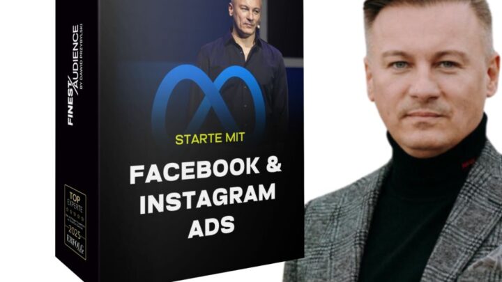 Dawid Przybylski präsentiert sein Online-Programm für Social-Media-Werbung. Links im Bild ist eine schwarze Produktbox mit seinem Foto, dem Meta-Logo (Facebook & Instagram) und dem Text: ‚Starte mit Facebook & Instagram Ads‘. Oben steht sein Name: Dawid Przybylski. Rechts daneben ist ein Portrait von ihm in grauem Sakko und schwarzem Rollkragen. Unten im Bild steht in großer, weißer Schrift auf orangenem Hintergrund: ‚Starte Facebook und Instagram Ads‘