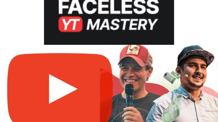 Bild zeigt Tommy Seewald (rechts) und Mike Hager (links), die Gründer der Faceless YouTube Mastery. In der Mitte das Logo ‚Faceless YT Mastery‘. Großes YouTube-Symbol im Hintergrund. Beide lächeln und sprechen mit Mikrofon. Thema: Anonym Geld verdienen mit YouTube ohne Kamera oder Stimme.