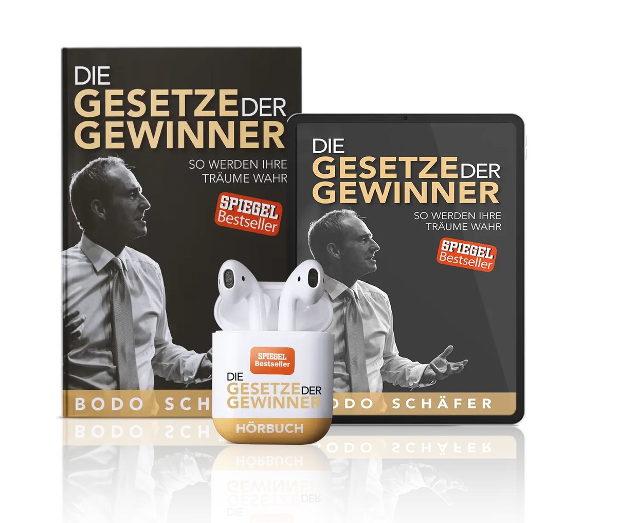 Buch Die Gesetze der Gewinner von Bodo Schäfer mit Tablet (E-Book) und Kopfhörern (Hörbuch)