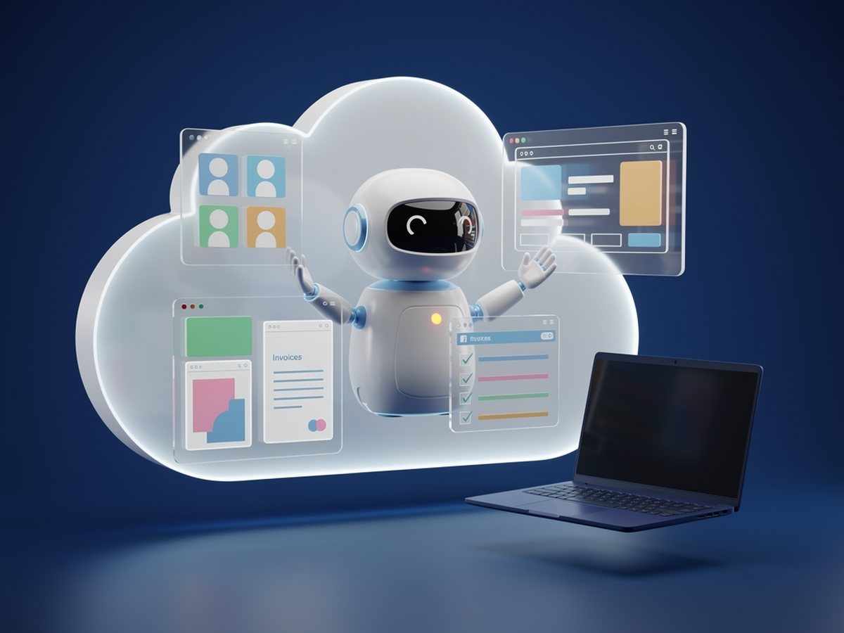 Ein KI-Agent arbeitet auf einem eigenen Cloud-Rechner an Kontakten, Rechnungen und Checklisten, während der Laptop ausgeschaltet ist