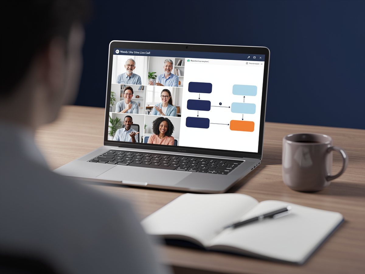 Wöchentlicher Live-Call der GrokBot Community mit Teilnehmern und geteiltem Ablaufdiagramm